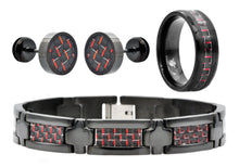 Load image into Gallery viewer, Mens Black Stainless Steel And Red Carbon Fiber Bracelet Ring And Earring Set - Blackjack Jewelry
