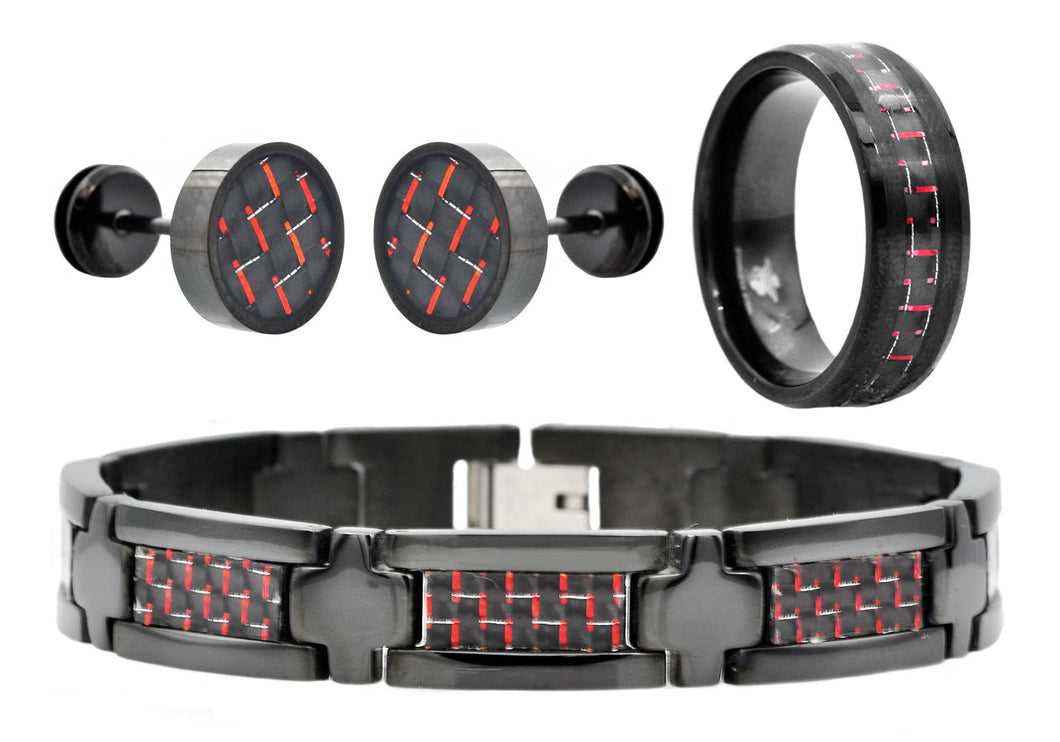 Mens Black Stainless Steel And Red Carbon Fiber Bracelet Ring And Earring Set - Blackjack Jewelry