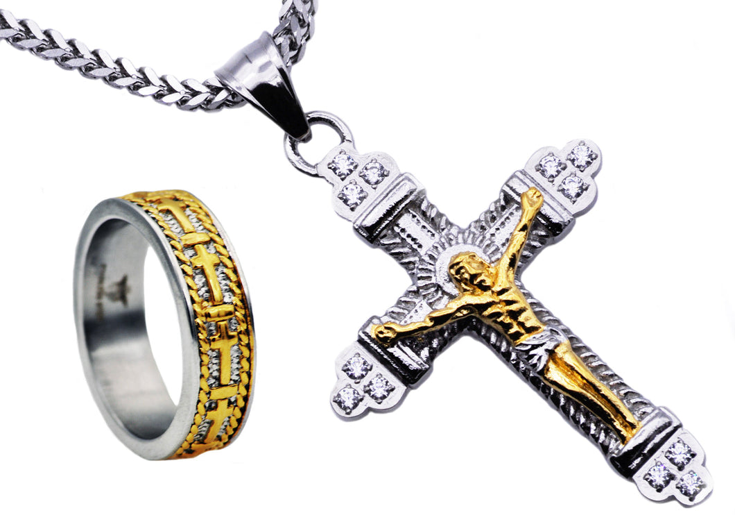 Mens Matching Two Tone Crucifix Pendant and Ring Set - Blackjack Jewelry