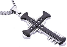 Load image into Gallery viewer, Mens Black Plated Stainless Steel Cross Pendant With Cubic Zirconia - Blackjack Jewelry
