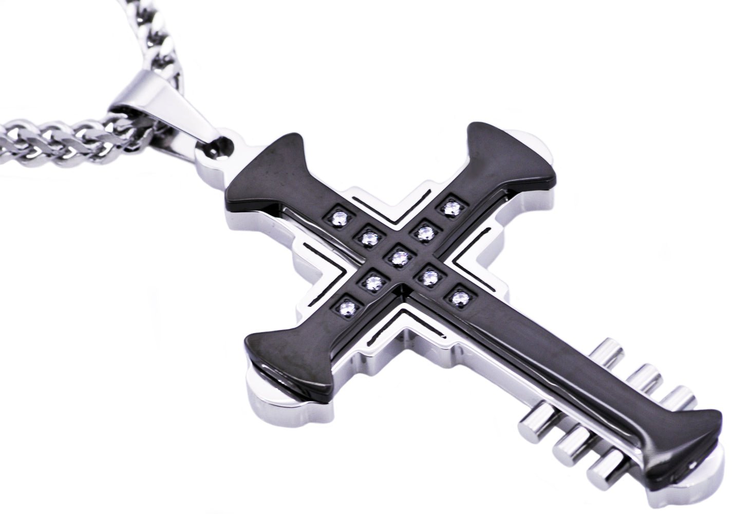 Mens Black Stainless Steel Cross popular Pendant With Cubic Zirconia