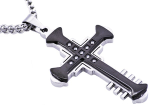 Mens Black Plated Stainless Steel Cross Pendant With Cubic Zirconia - Blackjack Jewelry
