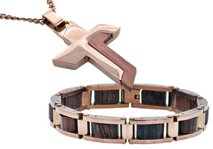 Mens Wood And Chocolate Stainless Steel Cross Pendant And Bracelet Set - Blackjack Jewelry