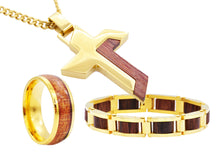 Load image into Gallery viewer, Mens Wood And Gold Stainless Steel Cross Pendant Bracelet And Ring Set - Blackjack Jewelry
