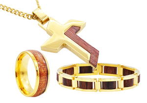 Mens Wood And Gold Stainless Steel Cross Pendant Bracelet And Ring Set - Blackjack Jewelry