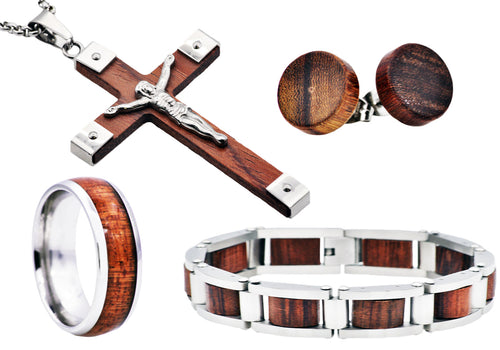 Mens Wood And Stainless Steel Cross Pendant Bracelet Ring And Earring Set - Blackjack Jewelry
